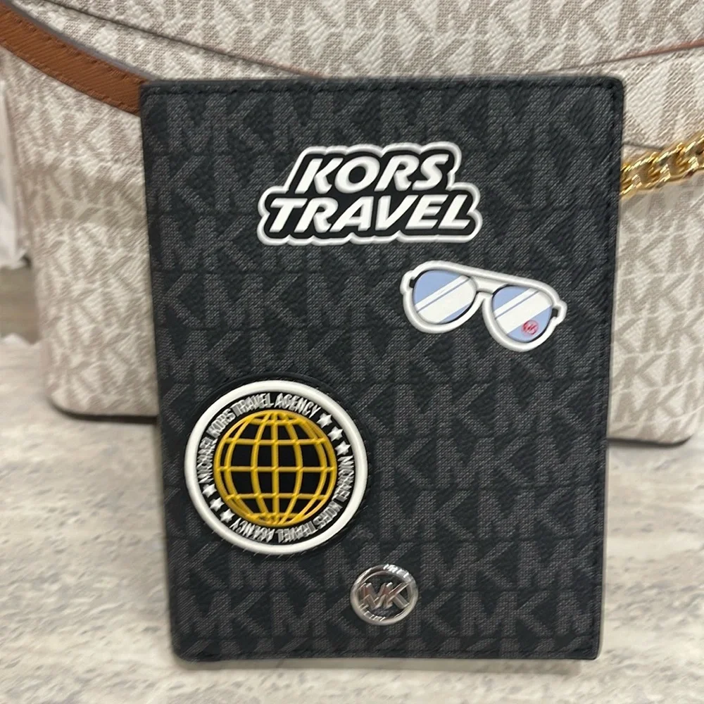 Michael Kors Jet Set Travel Md Embellished Signature Logo Passport Case Black